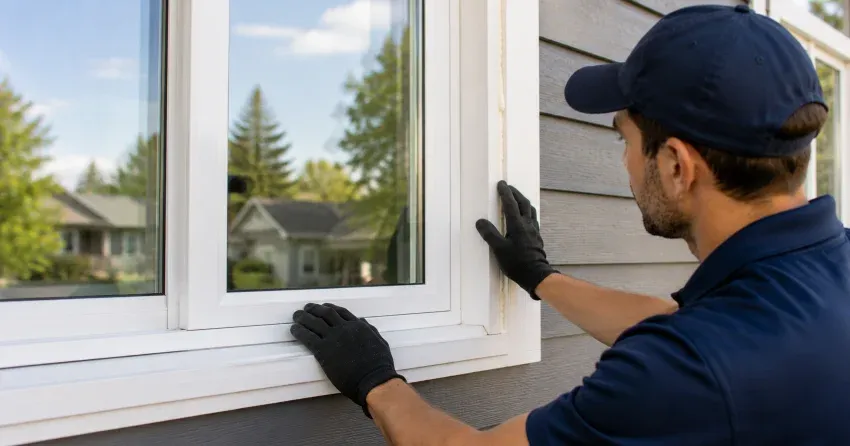 technician comparing full-frame and retrofit window replacement options in Ajax