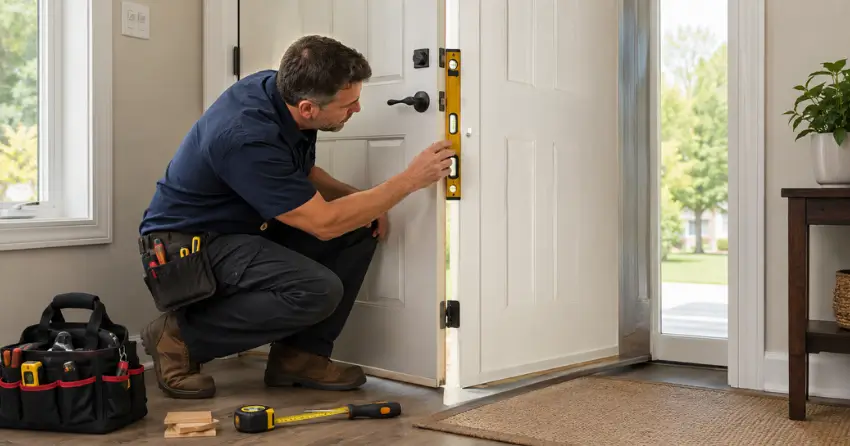 technician diagnosing a misaligned door frame in Ajax