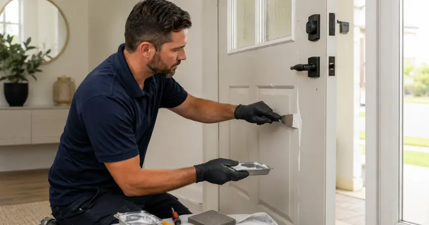 technician repairing fiberglass door surface crack in Ajax
