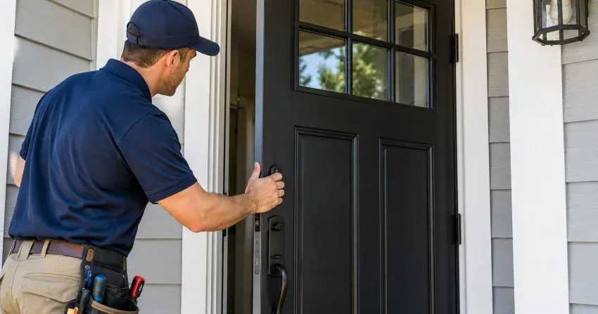 technician adjusting door hinge and strike plate in Ajax home
