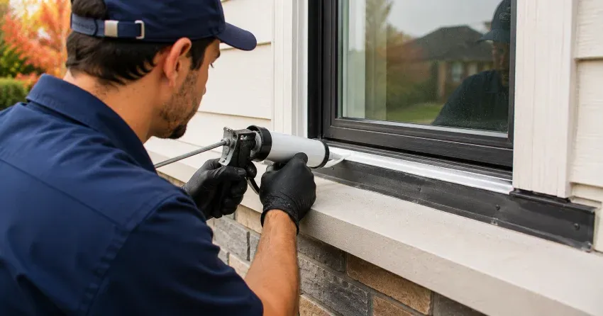 technician inspecting window flashing for leak source in Ajax
