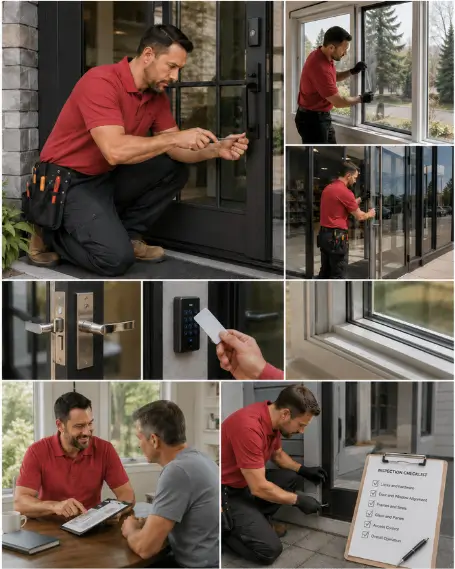 A technician adjusting a patio door roller assembly on site